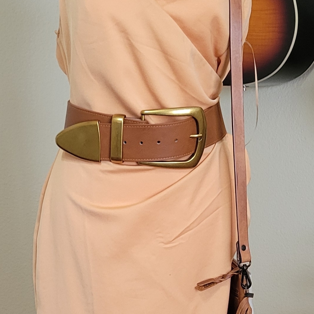 NEW wide width Brown Leather Belt with Gold Buckle
